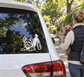 Yorkshire terrier play-bow vinyl decal for car, black and white dog silhouette