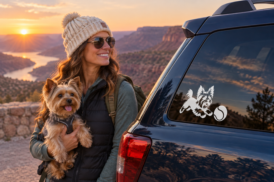 Yorkshire terrier vinyl decal on car window, black and white dog with fetch arrow