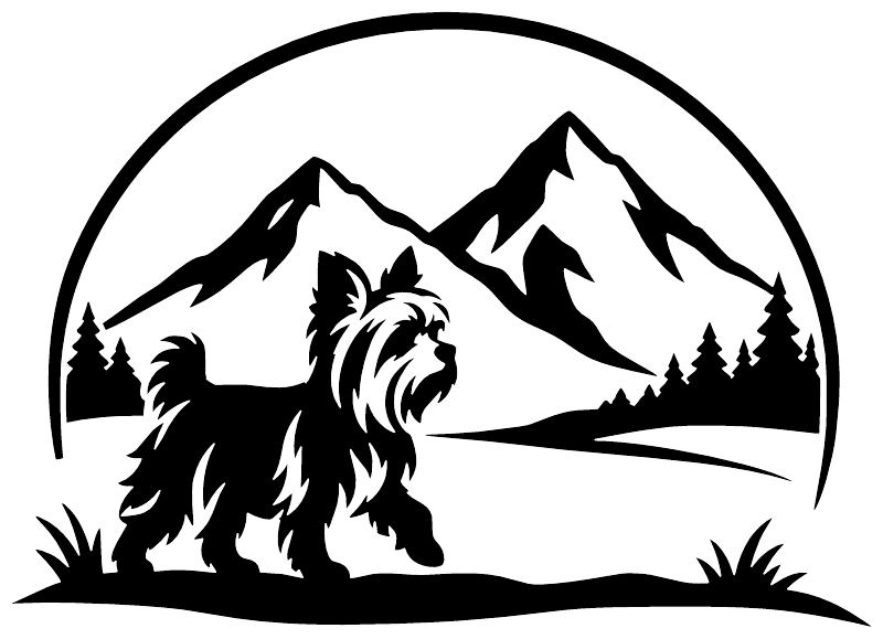Yorkshire terrier vinyl decal design with mountains, trees, and landscape in a circle