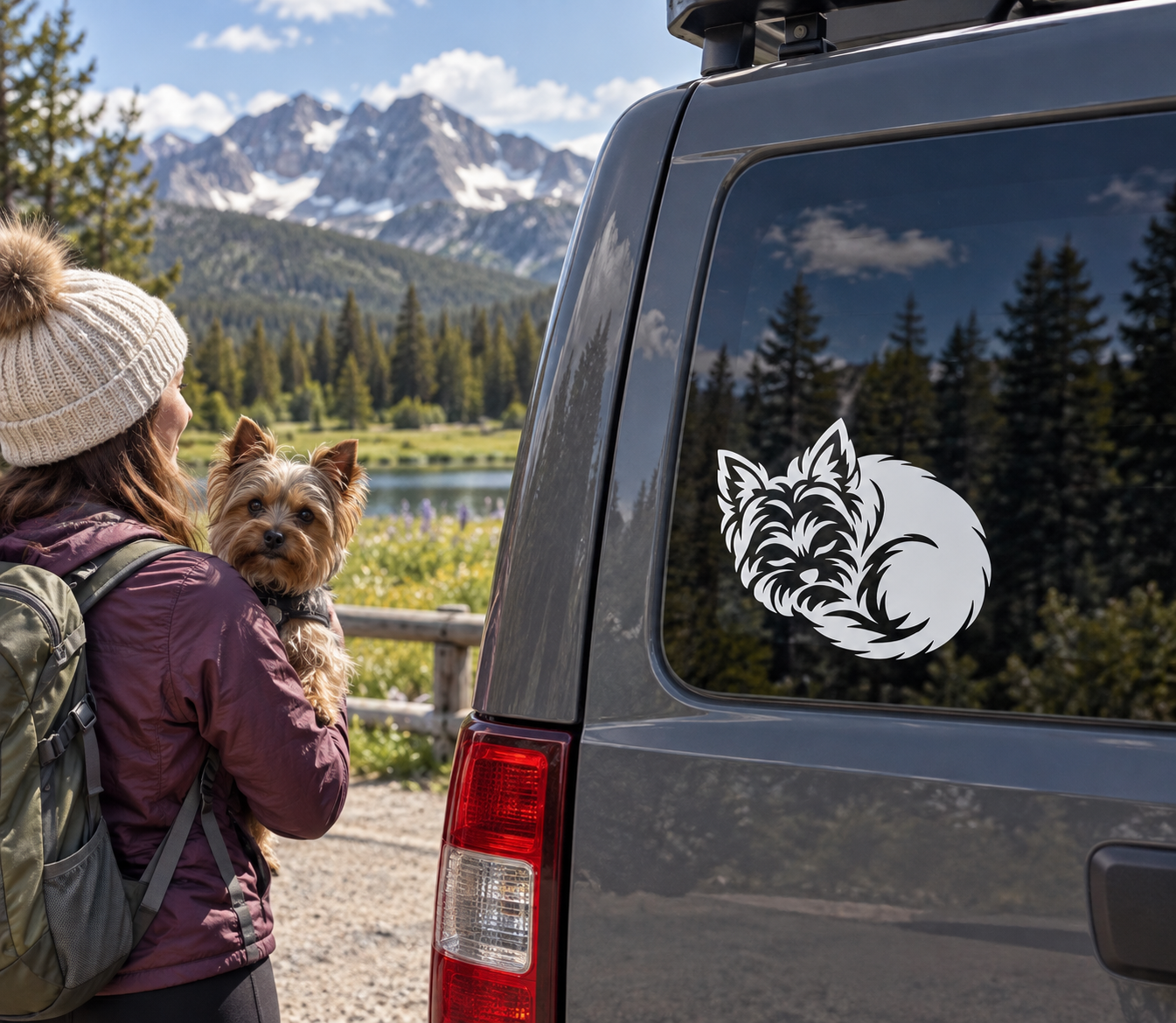 Yorkshire Terrier sleeping vinyl decal sticker on car window, black and white dog icon