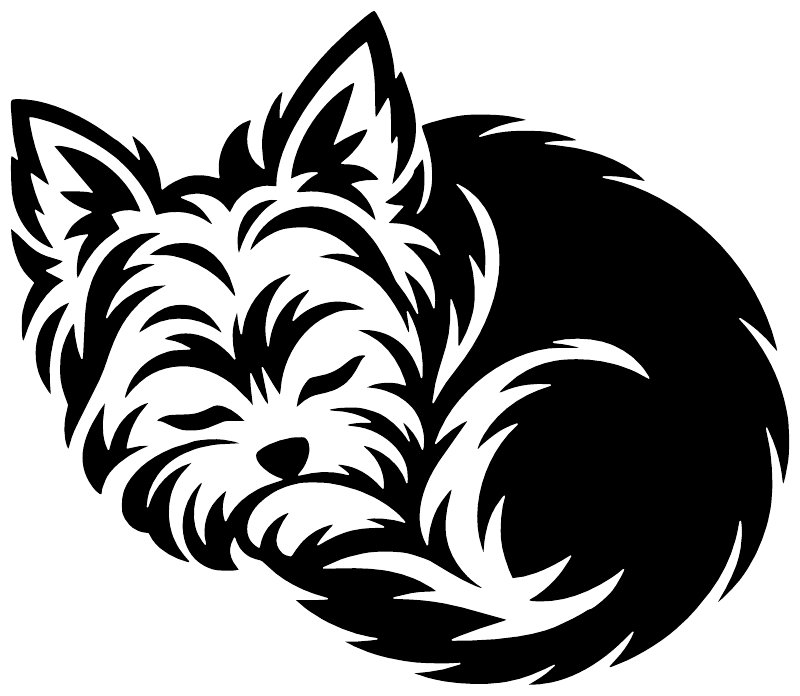 Yorkshire Terrier sleeping vinyl decal sticker, black and white curled dog face graphic