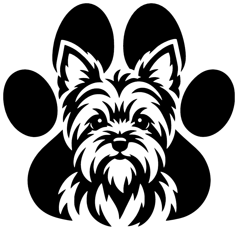 Black and white vinyl decal with Yorkshire terrier portrait and four paw circles