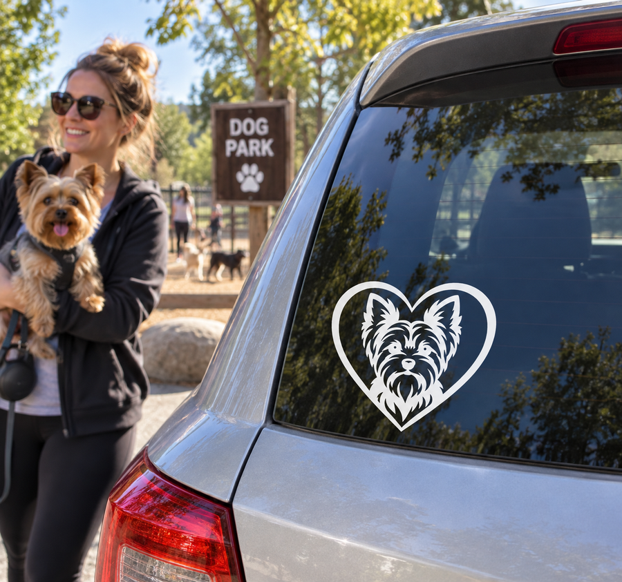 Yorkshire terrier heart vinyl decal on car rear window
