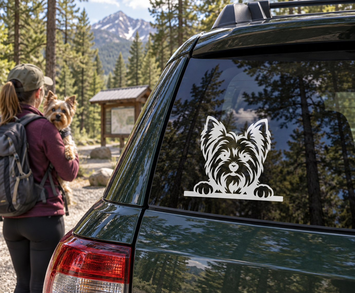 Yorkshire terrier peek vinyl decal on car rear window, black and white dog silhouette