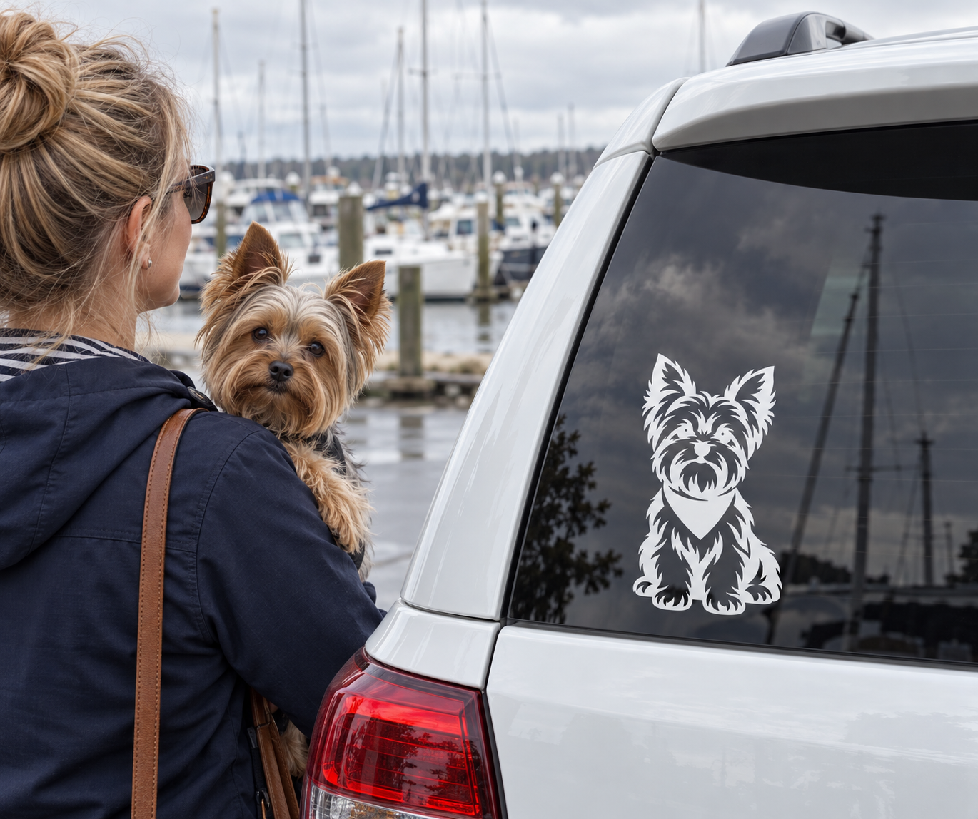 White car window vinyl decal of a Yorkshire terrier wearing a bandana