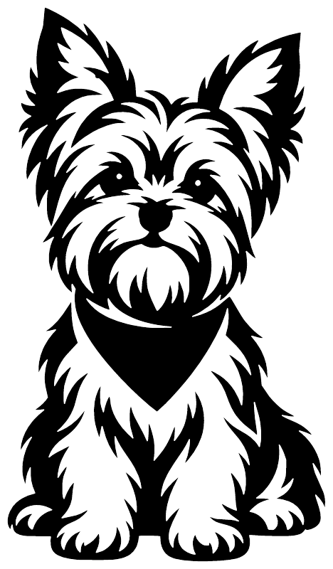 Yorkshire terrier vinyl decal with black bandana, high-contrast black-and-white