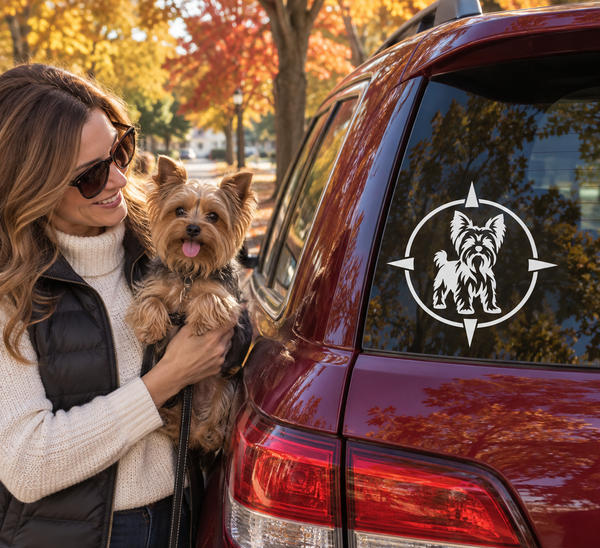 Yorkshire terrier adventure badge vinyl decal on car tail light area, black and white