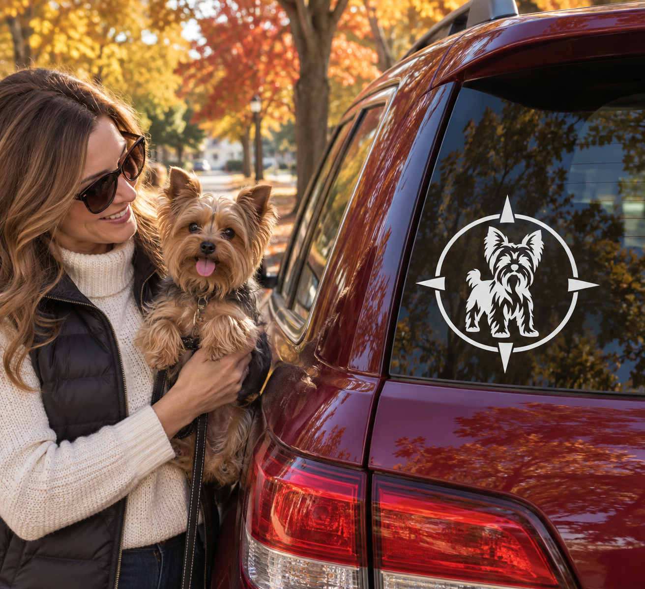 Yorkshire terrier adventure badge vinyl decal on car tail light area, black and white
