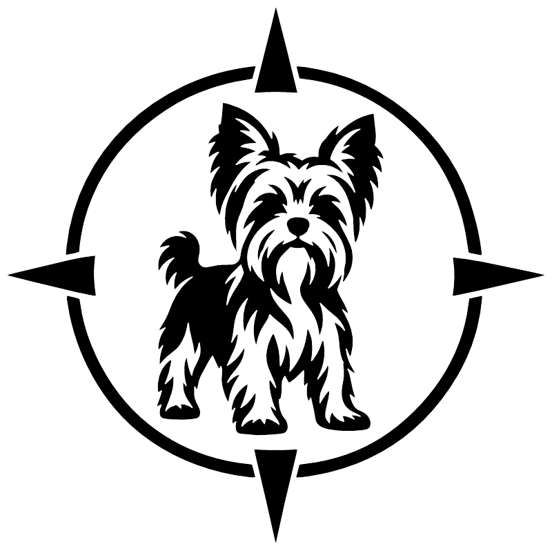 Yorkshire terrier adventure badge vinyl decal, black and white compass circle with arrows
