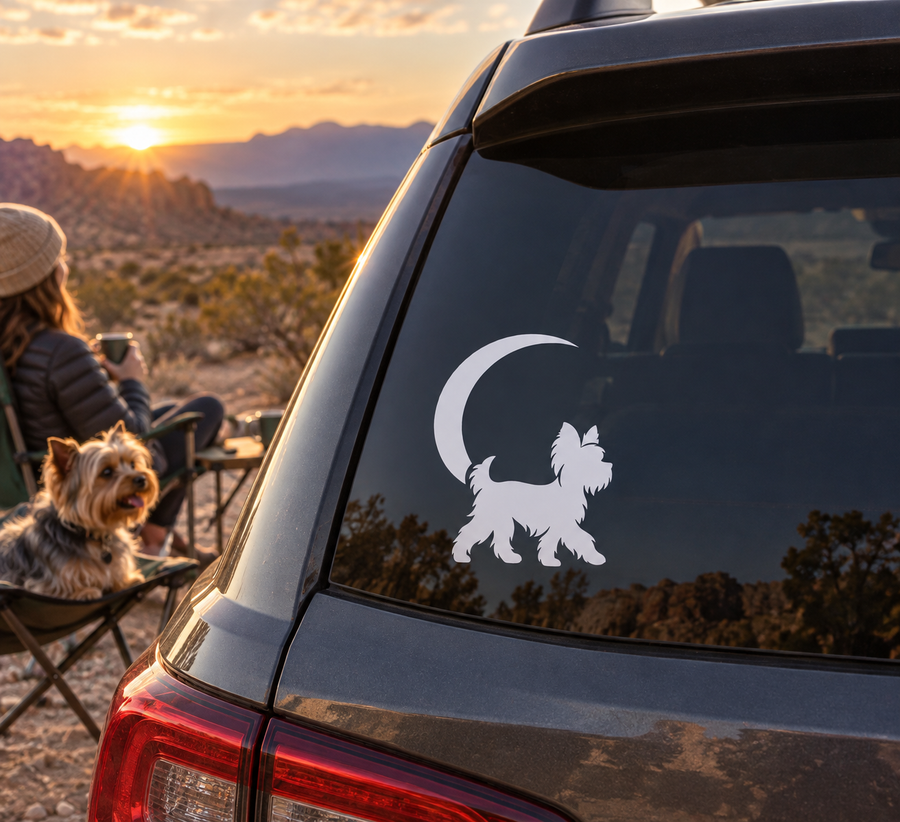 Yorkshire terrier vinyl decal with crescent moon on car rear window