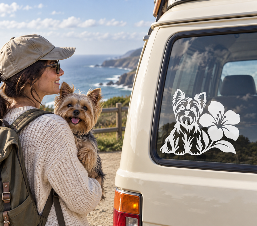 Yorkshire terrier and flower vinyl decal on car window