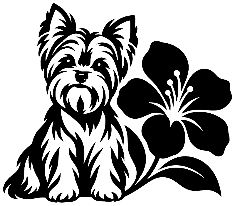Black Yorkshire terrier vinyl decal with flower silhouette and leaves