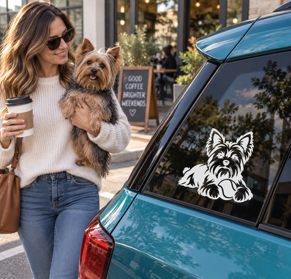Yorkshire terrier vinyl decal on car rear window, black and white dog silhouette