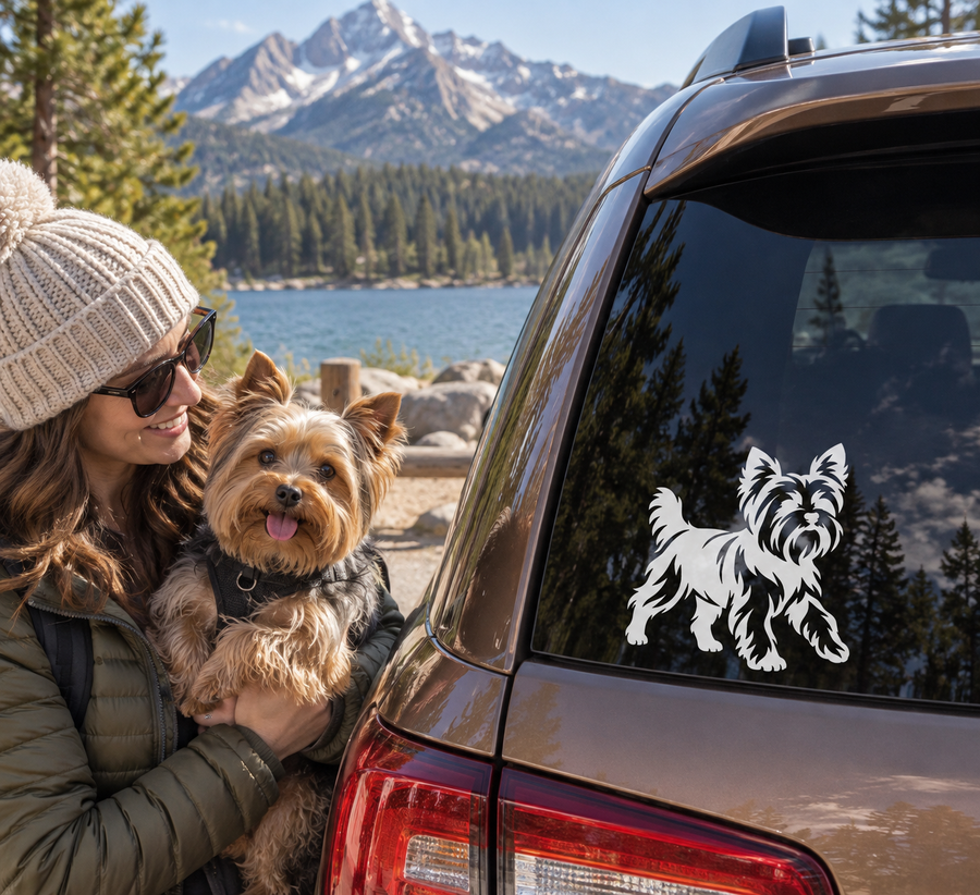 Yorkshire terrier vinyl decal on car window, black-and-white dog silhouette