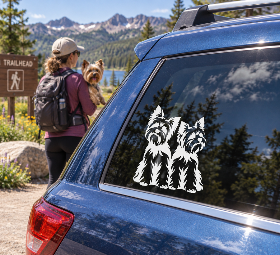 Yorkshire Terrier vinyl decal: two black-and-white terriers on car window