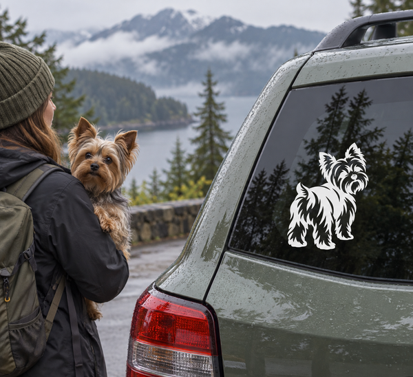 Yorkshire Terrier vinyl decal on car rear window, white dog silhouette with trail tail