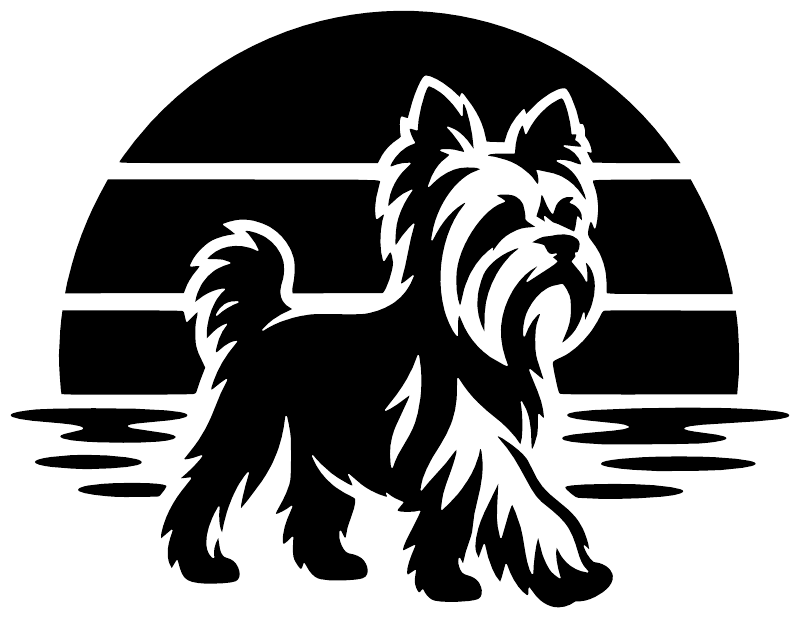 Black and white Yorkshire terrier vinyl decal featuring a stripe-backed silhouette