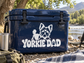 Yorkie Dad vinyl decal on dark cooler: white yorkie and YORKIE DAD lettering