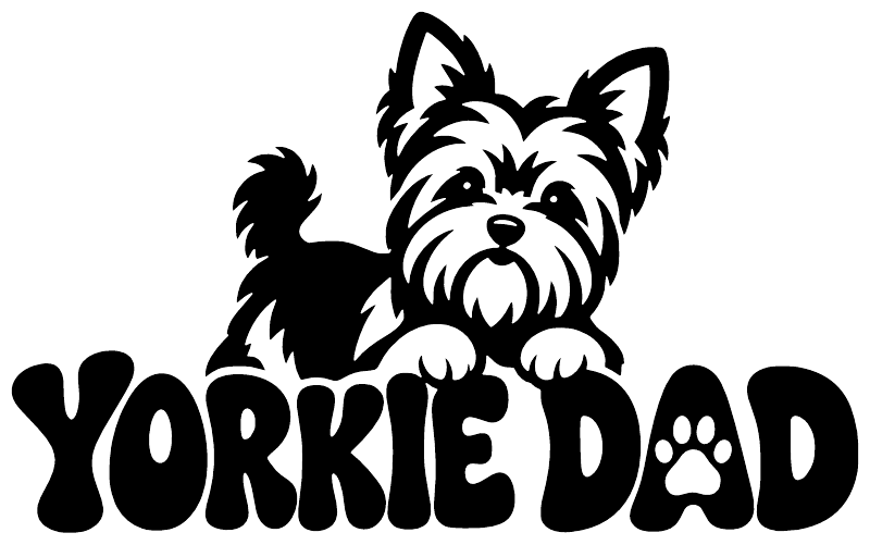 Yorkie Dad vinyl decal with white yorkie icon and black YORKIE DAD text