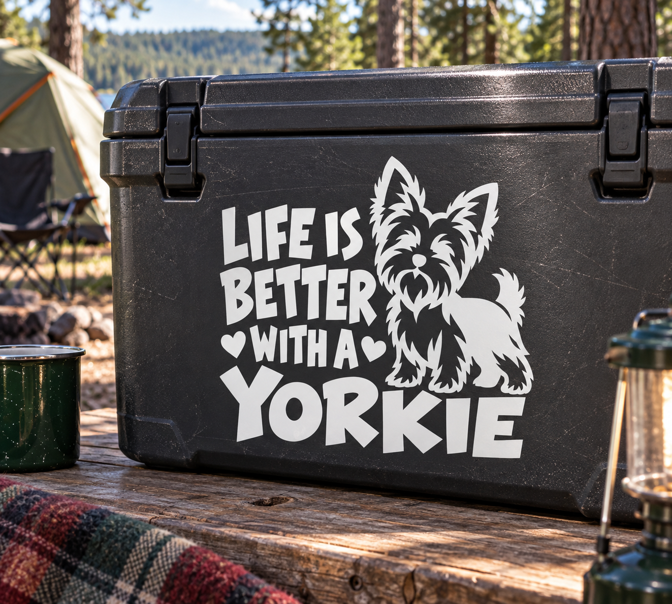 Yorkshire terrier vinyl decal on black case with “Life is better with a Yorkie” text.