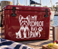 Red vinyl decal with Yorkshire Terrier and text “My Copilot Has Paws”.