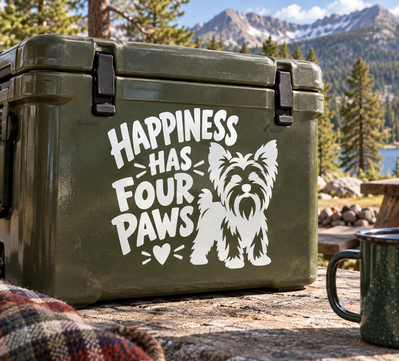Vinyl decal with “HAPPINESS HAS FOUR PAWS” text and Yorkshire terrier silhouette