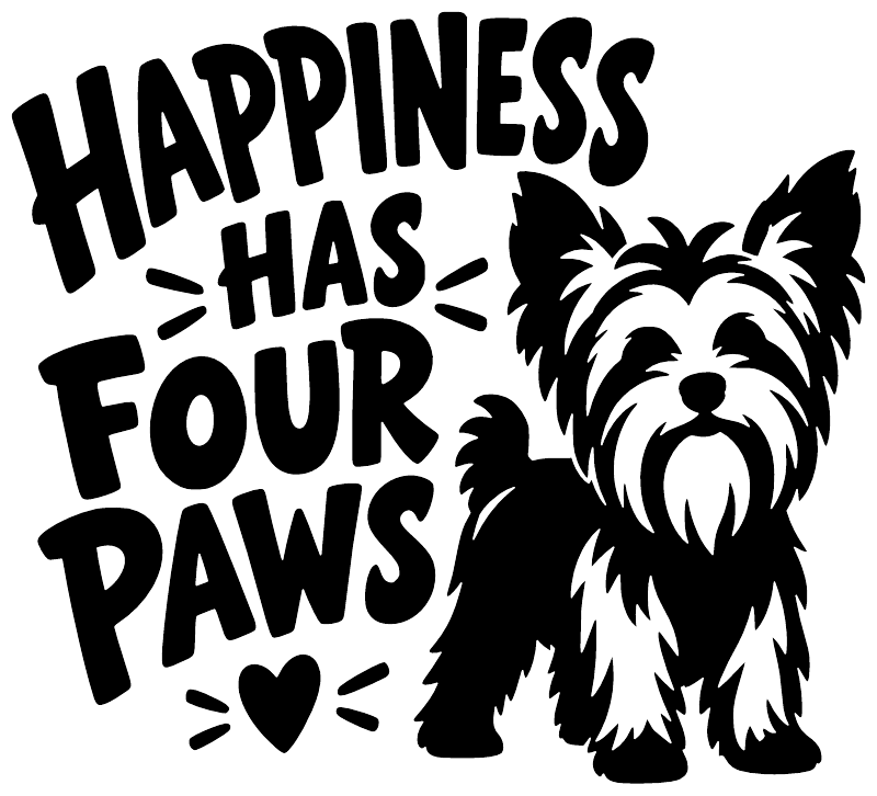 Vinyl decal design: “HAPPINESS HAS FOUR PAWS” text with heart and terrier silhouette