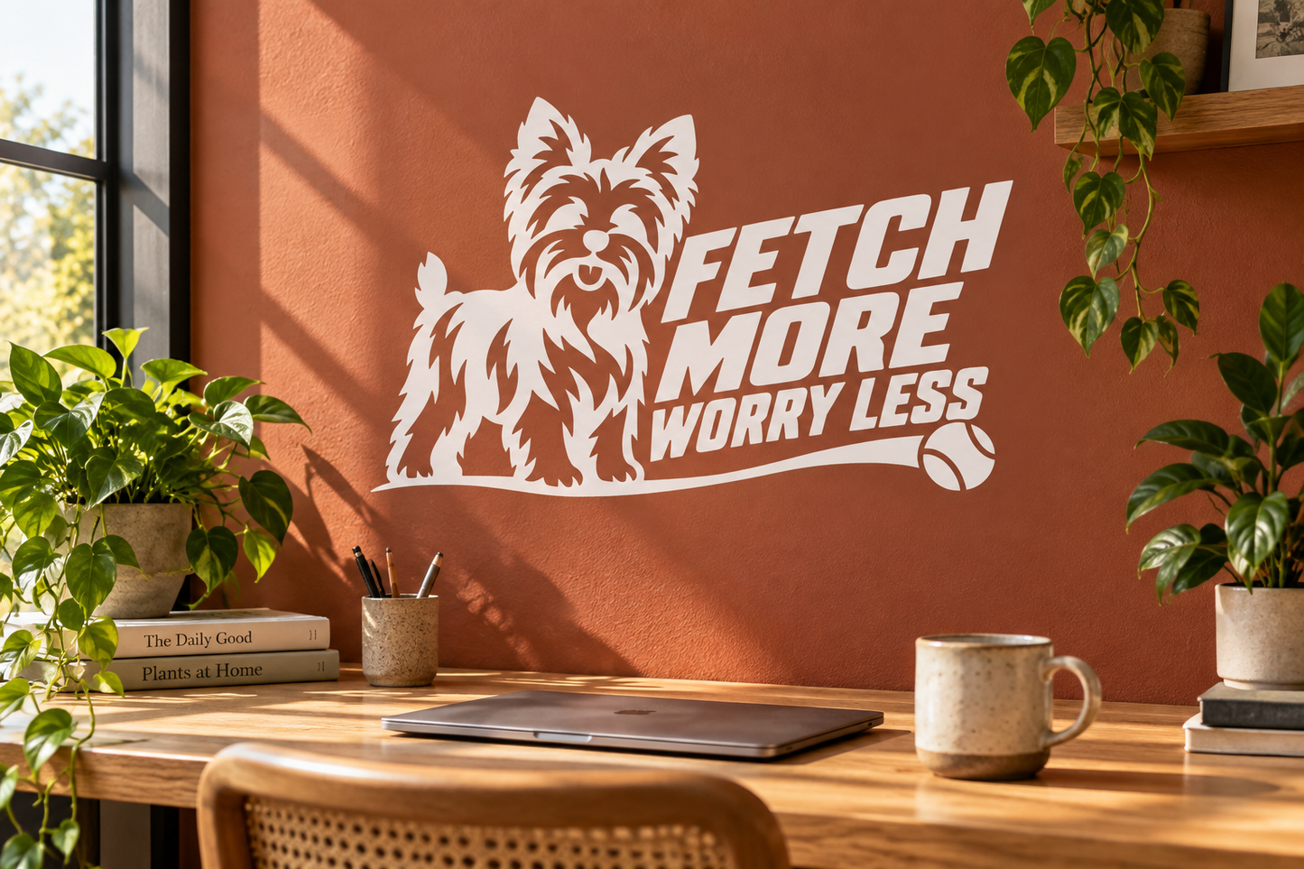 Yorkshire terrier vinyl decal with "FETCH MORE WORRY LESS" text