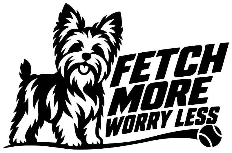 Black-and-white Yorkshire terrier vinyl decal with "FETCH MORE WORRY LESS" text