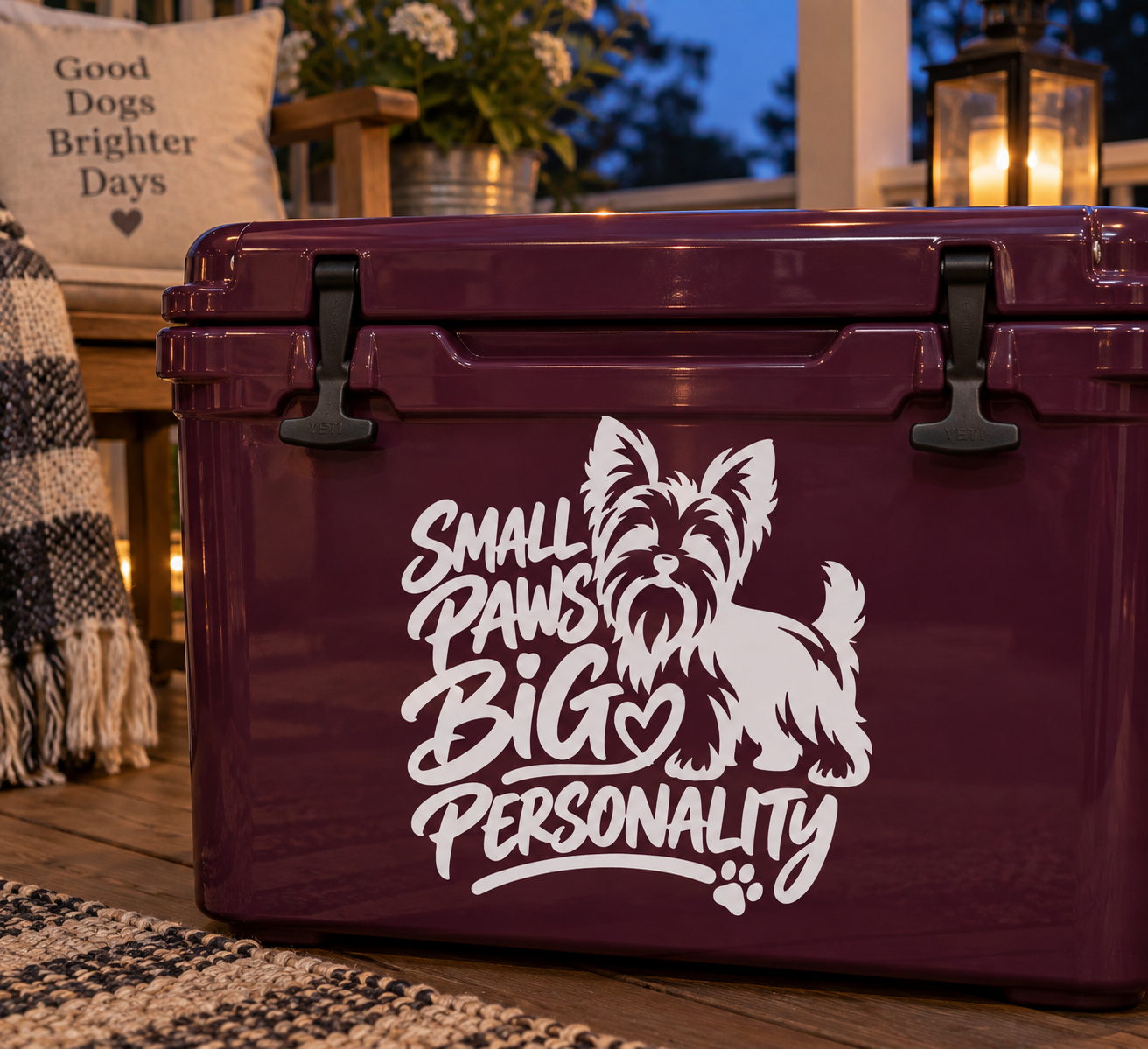 Yorkshire terrier vinyl decal with paw-print text: Small Paws Big Personality