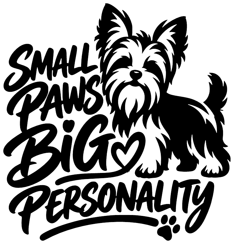 Black and white Yorkshire terrier vinyl decal with “Small Paws Big Personality” lettering