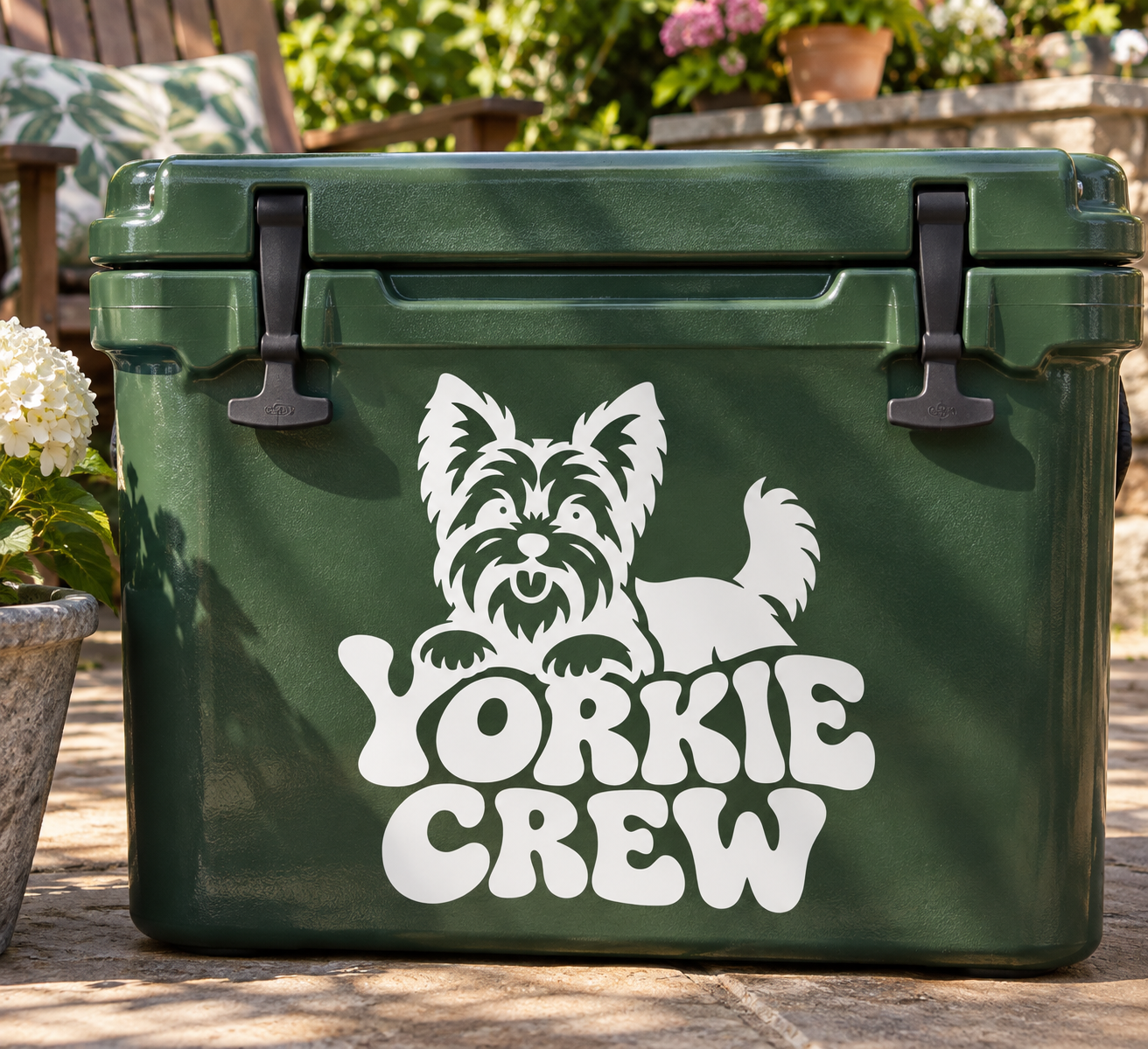 Yorkie Crew vinyl decal: white yorkie graphic and 'YORKIE CREW' on dark green