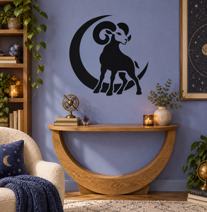 Aries ram vinyl wall decal with crescent moon silhouette in black