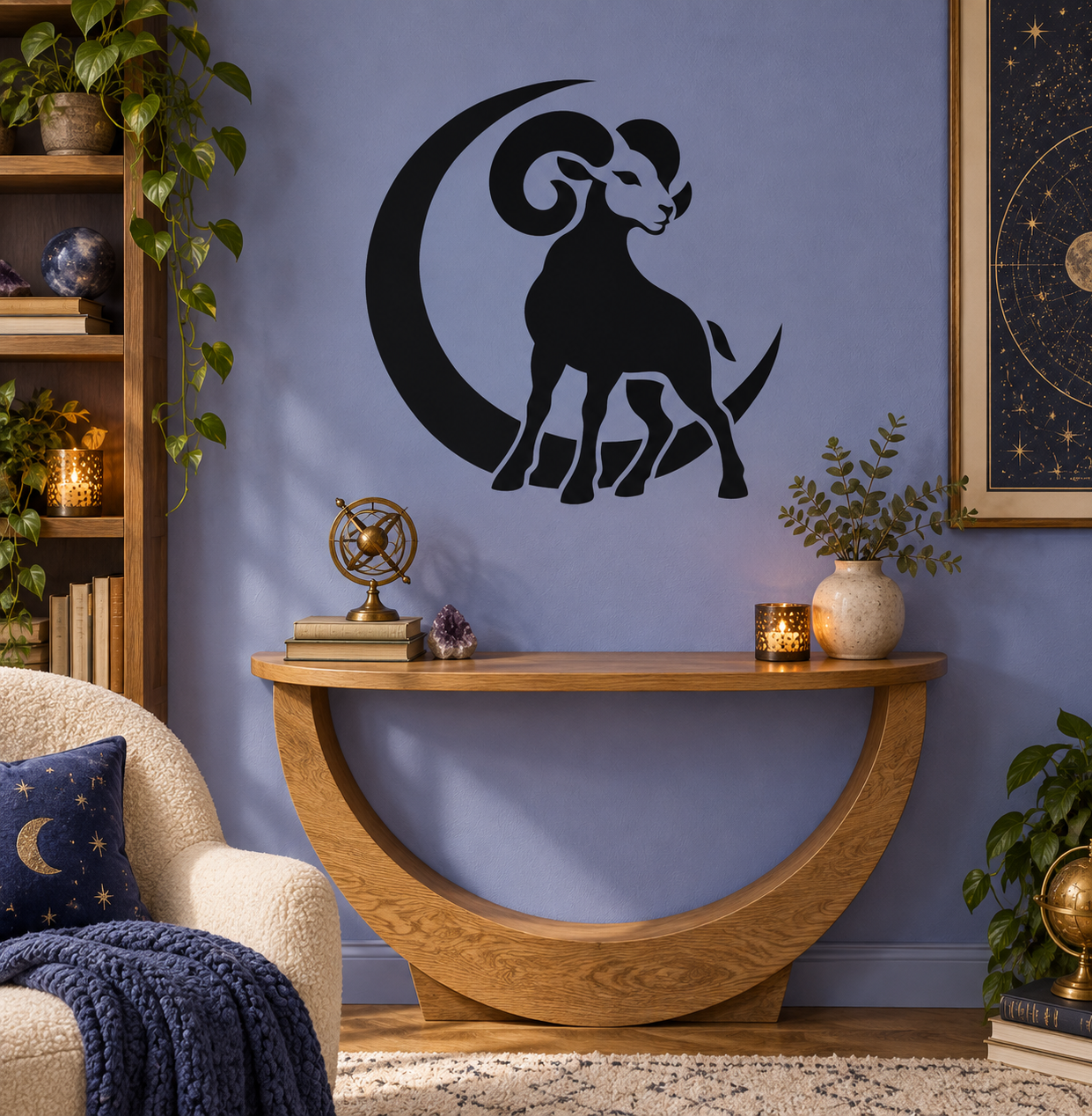 Aries ram vinyl wall decal with crescent moon silhouette in black