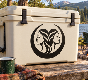 Gemini zodiac vinyl decal with twin profile faces and crescent design on a cooler