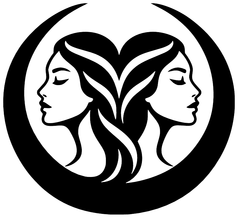 Gemini twin faces vinyl decal in black with white profile lines inside a circle