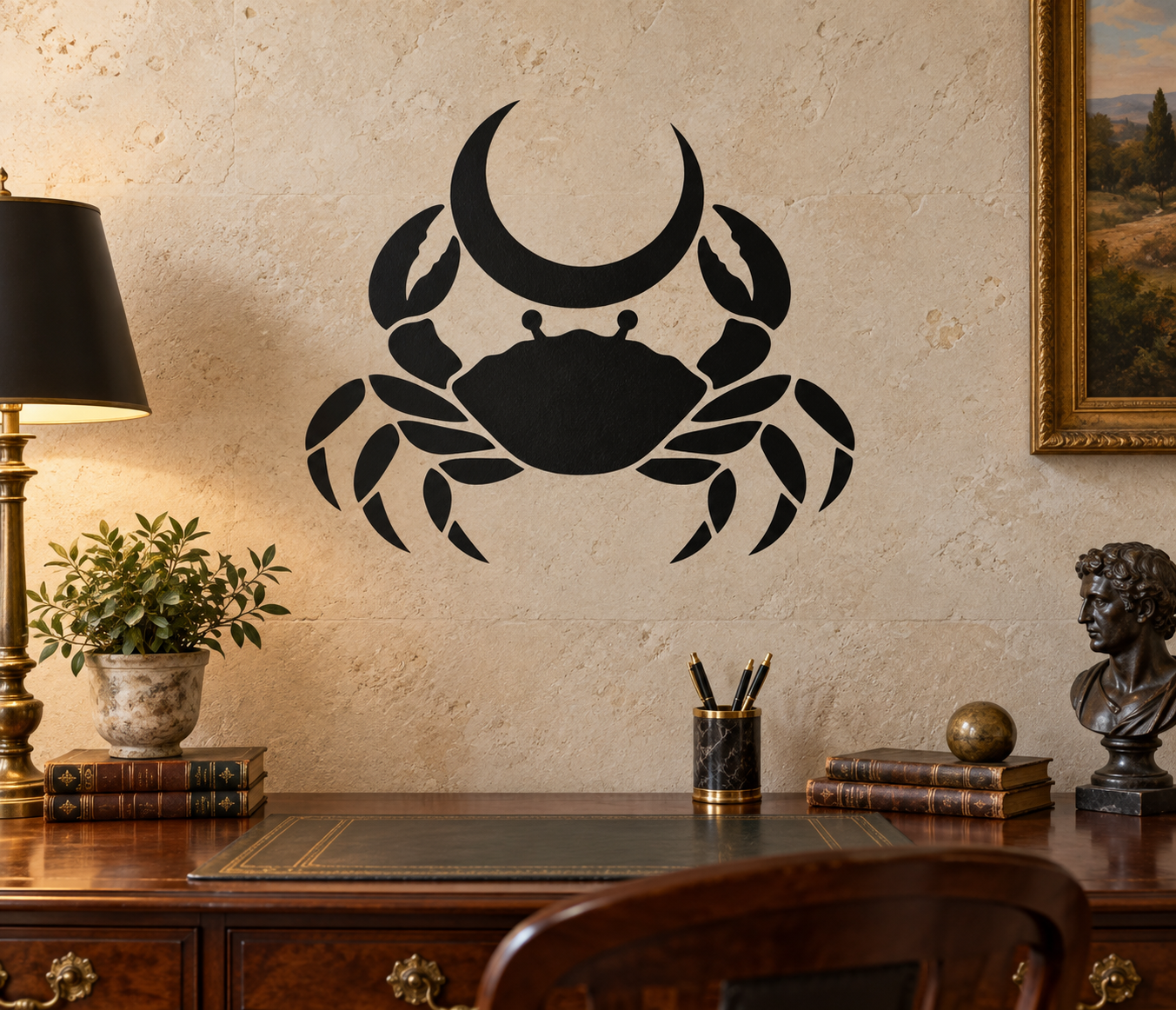 Black vinyl zodiac decal of cancer crab with crescent moon
