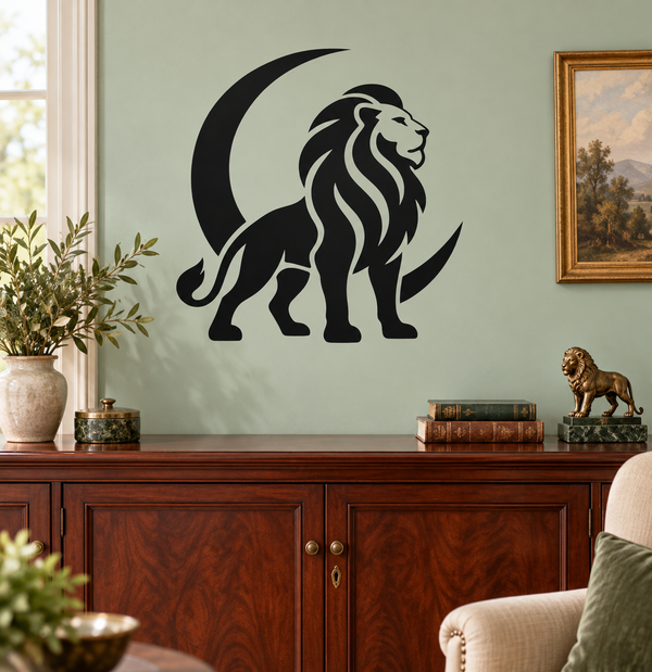 Black lion zodiac vinyl decal with flowing mane and crescent moon behind it