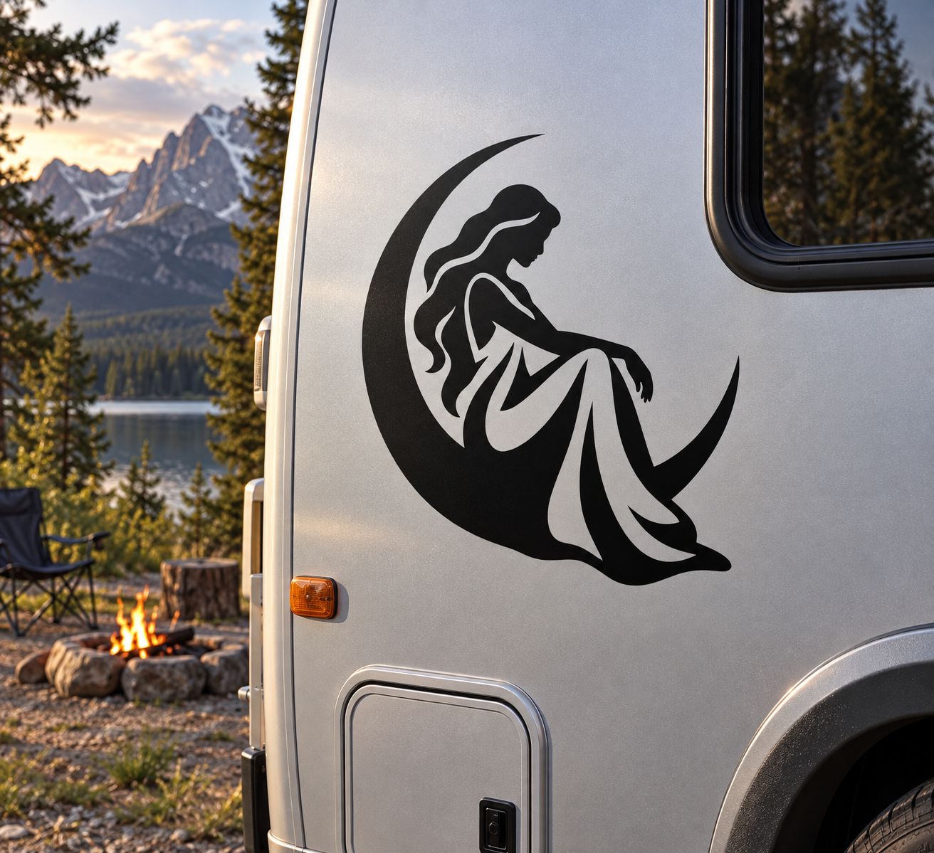 Vinyl zodiac decal of a woman in profile inside a black crescent moon