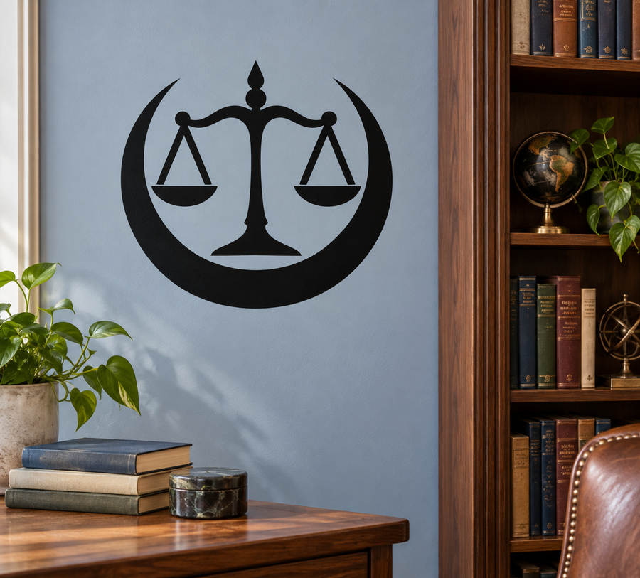 Black Libra scales and crescent vinyl decal on wall
