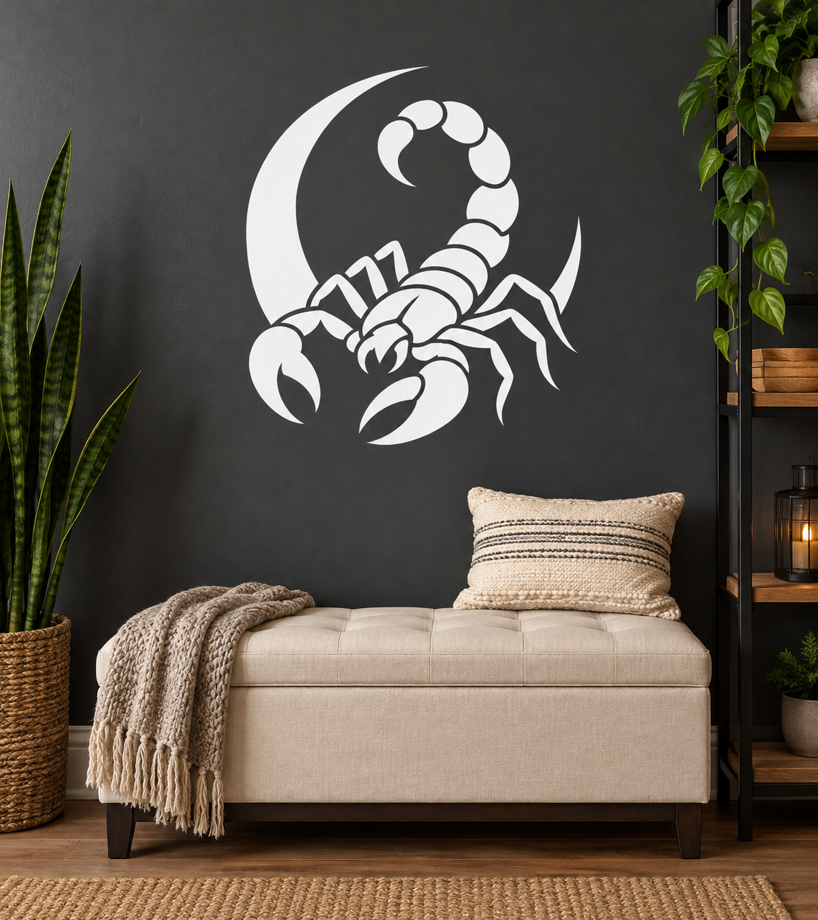 Scorpio scorpion crescent vinyl decal, white graphic on dark surface