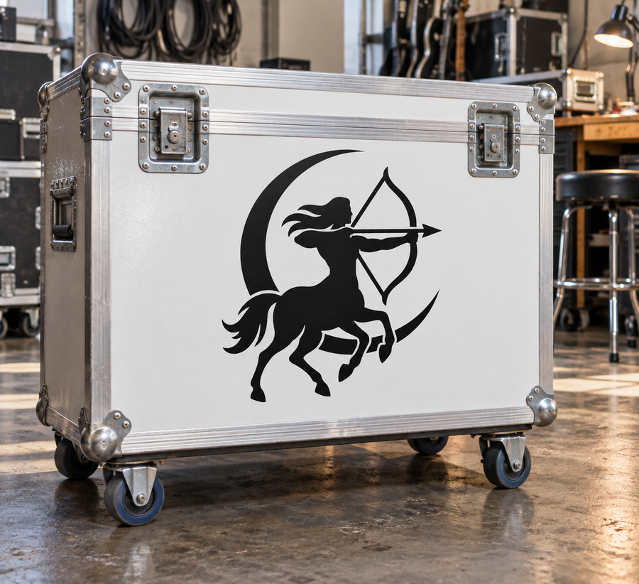 Black Sagittarius archer vinyl decal with bow and arrow inside a crescent moon