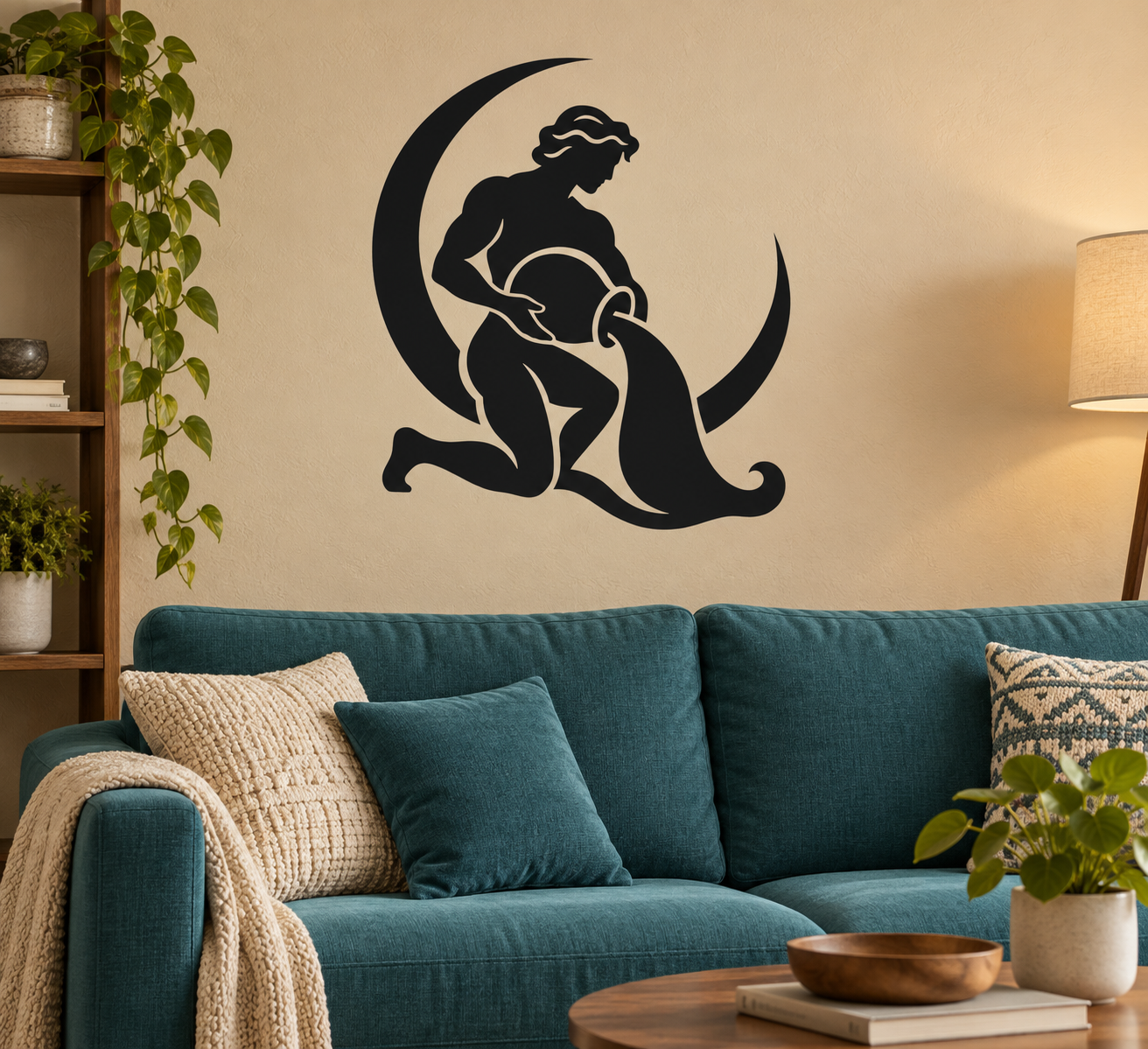 Aquarius zodiac vinyl decal featuring water bearer silhouette in black on crescent moon