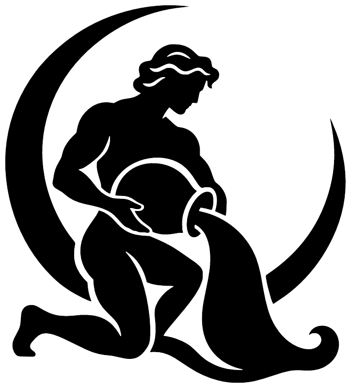 Aquarius vinyl decal close-up: black water bearer silhouette with moon crescent outline