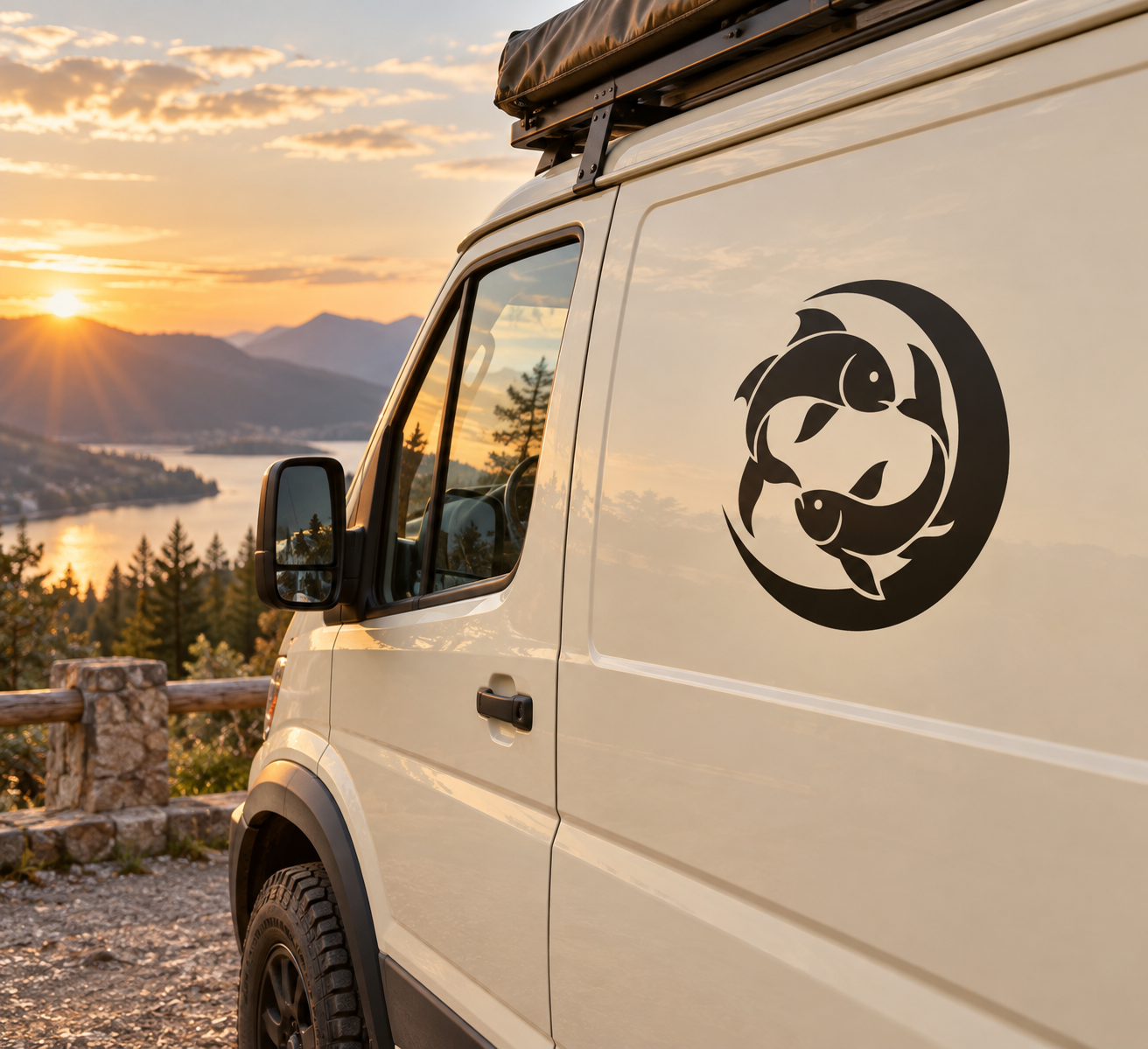 Black and white twin fish zodiac vinyl decal on vehicle door