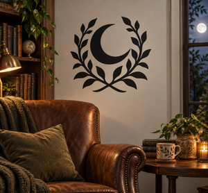 Black vinyl moon and botanical arch wall decal with crescent moon centerpiece