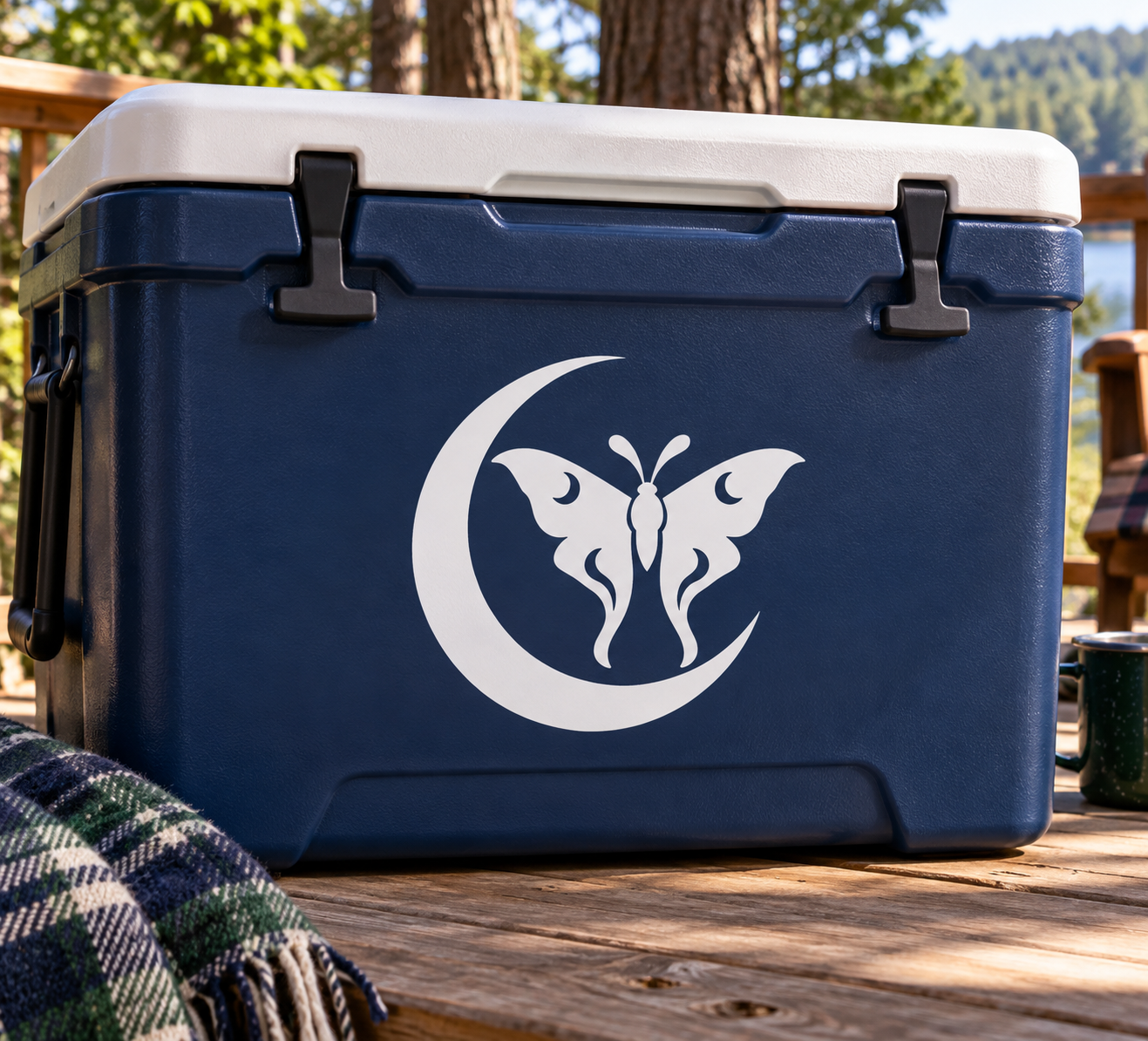 Moon and moth vinyl decal: white crescent moon with moth on dark blue