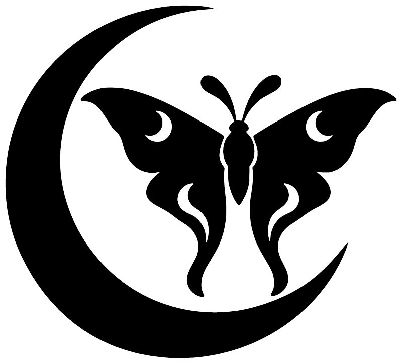 Moon and moth vinyl decal graphic, black crescent moon with moth silhouettes