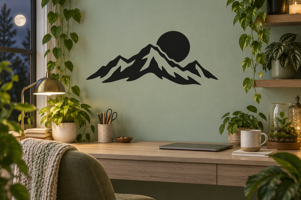 Mountain and moon vinyl wall decal with black silhouette