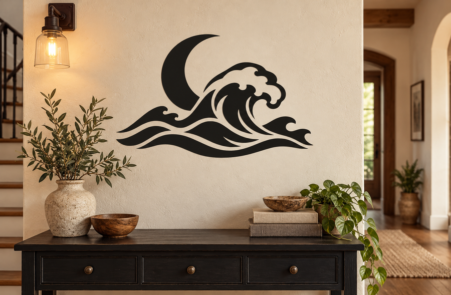 Moon and ocean waves vinyl decal featuring black crescent moon and wave silhouette